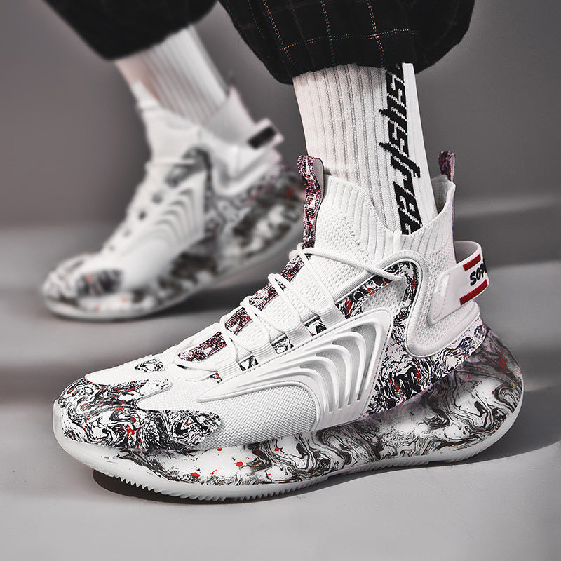 Stylish men's high-top sneakers with breathable knit upper and marbled sole design