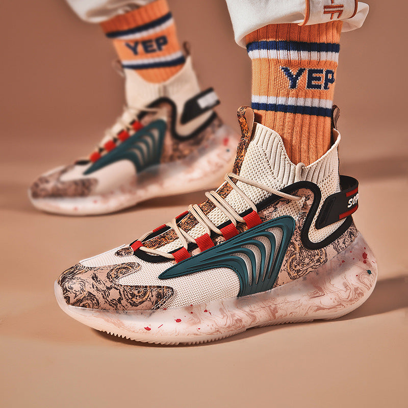 Men's high-top sneakers with breathable knit fabric, marble-pattern sole, and teal accents, worn with orange YEP socks