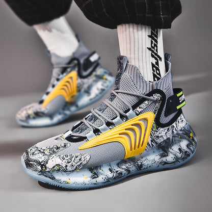 Men's high top sneakers with breathable gray mesh, yellow side accents, and marbled sole