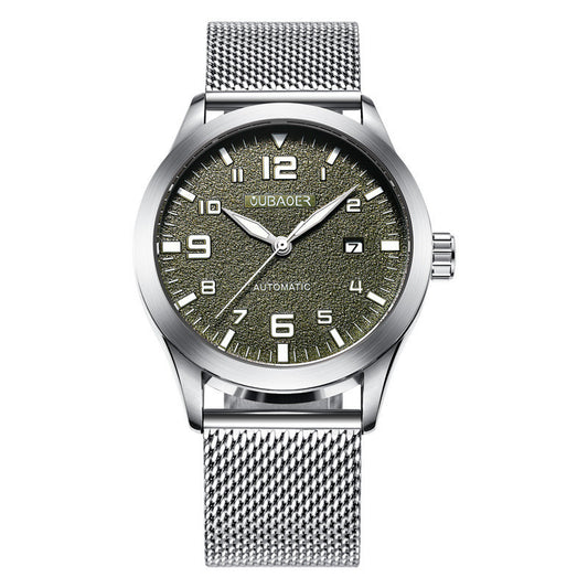 Automatic mechanical wristwatch with textured green dial, stainless steel mesh strap, date display