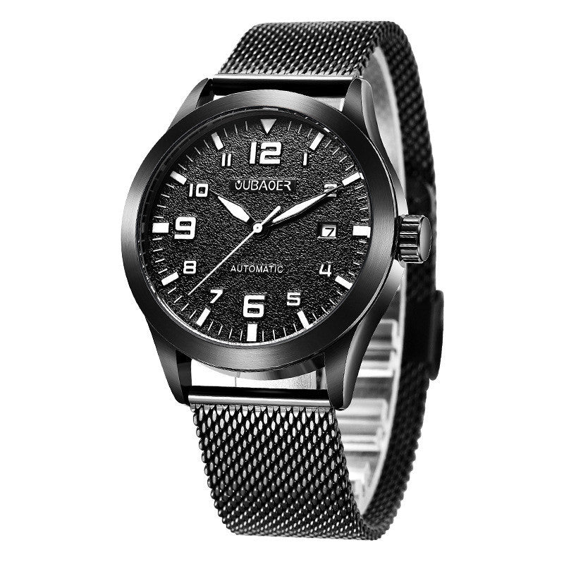 Black automatic mechanical wristwatch with stainless steel mesh strap and date display