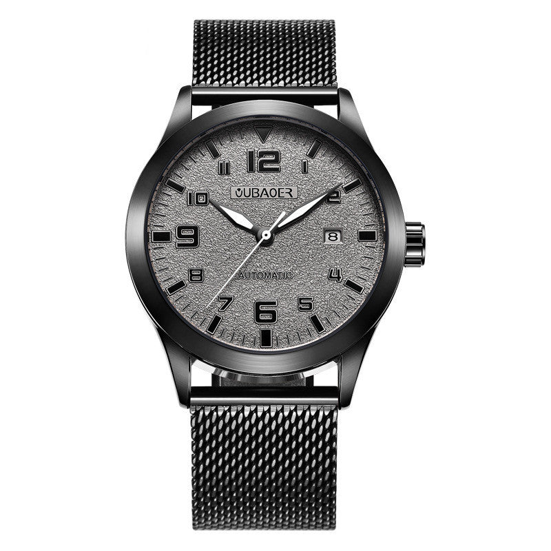 Automatic mechanical wristwatch with textured grey dial and stainless steel black mesh strap