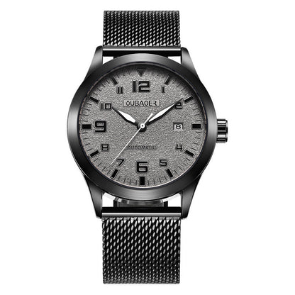 Automatic mechanical wristwatch with textured grey dial and stainless steel black mesh strap