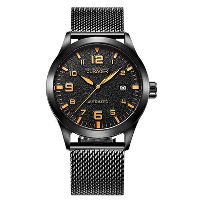 OUBAOR automatic mechanical wristwatch with black textured dial, orange numerals, and stainless steel mesh strap