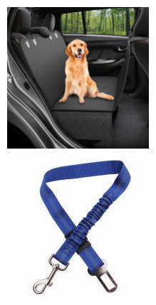 Black waterproof dog car seat cover with anti-skid mesh window and blue leash attached