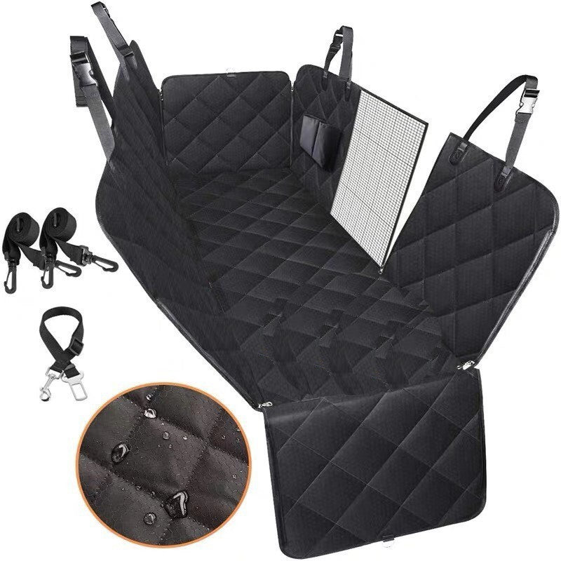 Black waterproof quilted dog car seat cover with mesh window, straps, and safety leash accessories