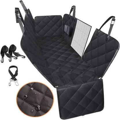 Black waterproof quilted dog car seat cover with mesh window, straps, and safety leash accessories