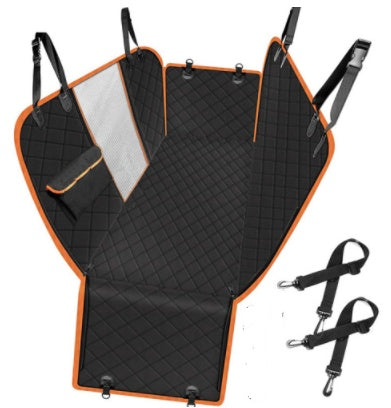 Black waterproof dog car seat cover with orange trim, zippered mesh window, anti-skid backing, and two black adjustable straps