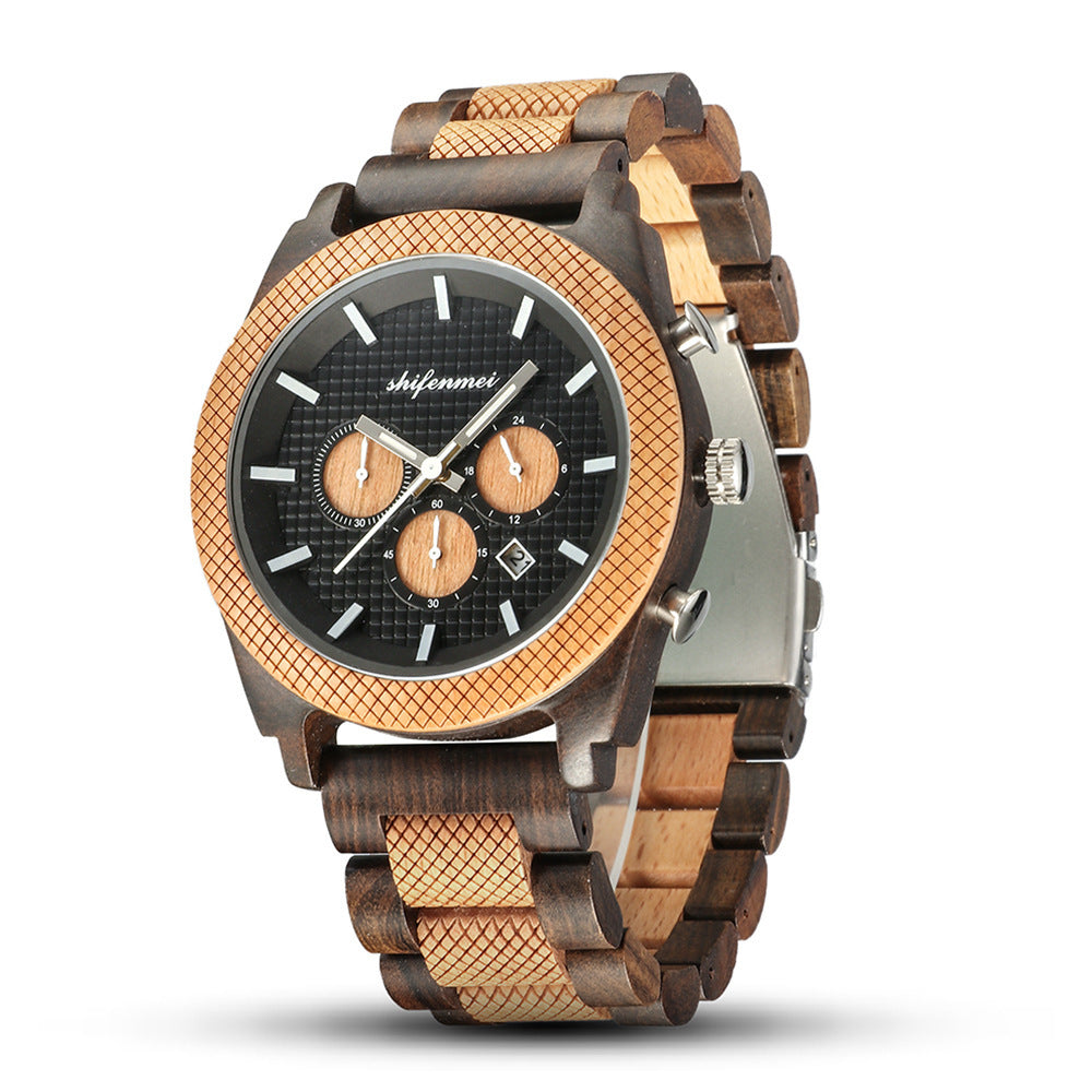 Men's wooden chronograph watch with black textured dial, natural strap, and silver clasp