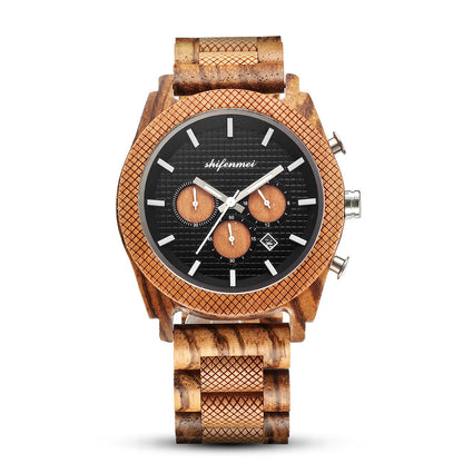 Men's wood chronograph wristwatch with black dial and natural wooden strap