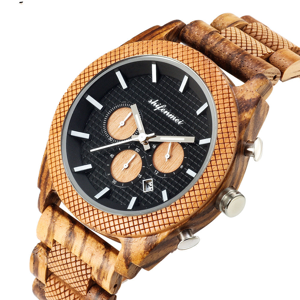 Men's wooden chronograph wristwatch with black dial, natural strap, and date display