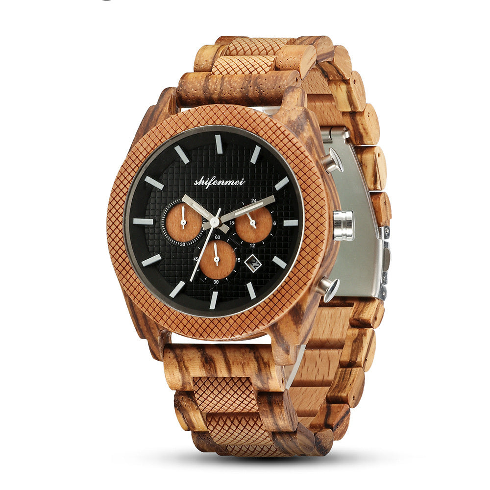 Men's wooden chronograph wristwatch with black dial, natural wood links, and silver clasp