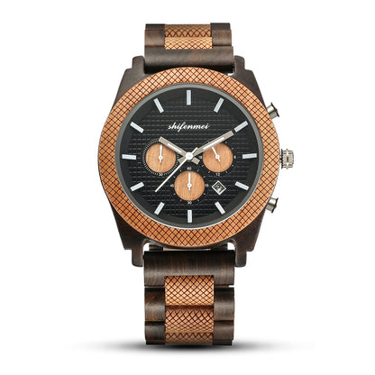 Men's wooden chronograph wristwatch with black dial, date display, and patterned natural strap