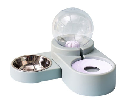 pink automatic dog bowl with stainless steel water dispenser and ball refill system