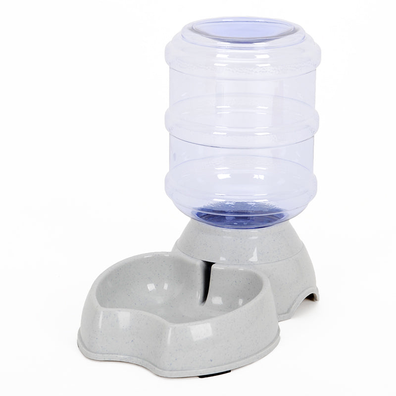 Gray automatic pet water dispenser with transparent refill reservoir and dual bowl design
