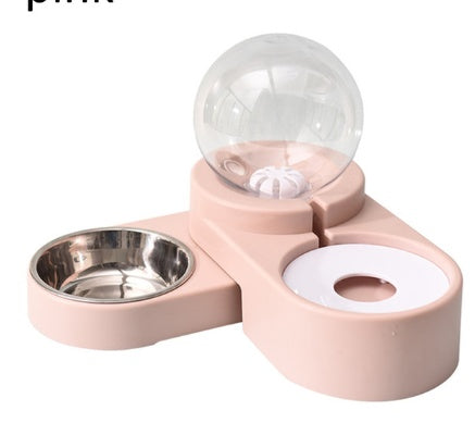 Pink automatic dog bowl with stainless steel water dispenser and ball refill system