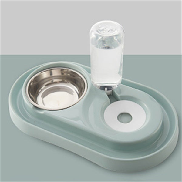 automatic pet feeding station with stainless steel bowl and clear water dispenser on mint base