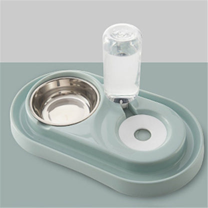 automatic pet feeding station with stainless steel bowl and clear water dispenser on mint base
