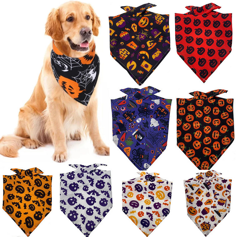 Golden retriever wearing black Halloween dog bandana with orange pumpkins and white spiderwebs, surrounded by seven colorful spooky-themed pet bandanas