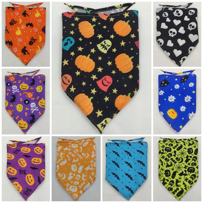 Set of nine Halloween-themed dog bandanas with pumpkins, ghosts, bats, skulls, and colorful patterns