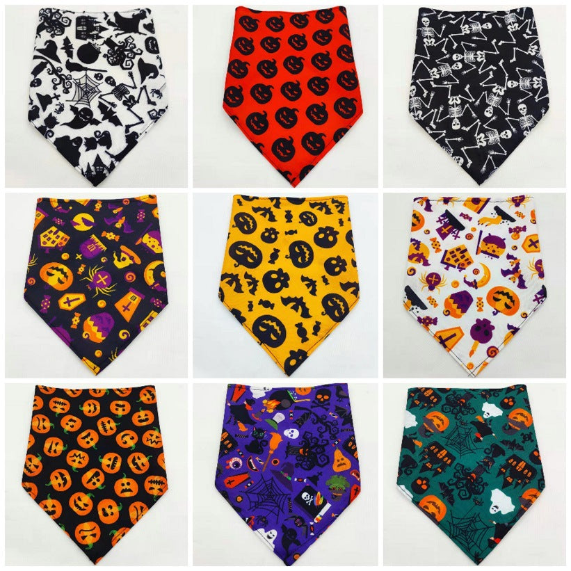 Nine Halloween-themed dog bandanas with skulls, pumpkins, bats, ghosts, and spooky patterns