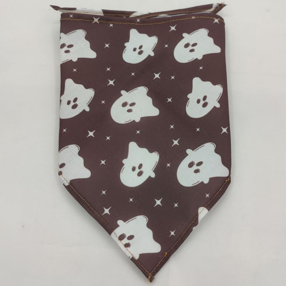 Brown dog bandana with white ghost and star pattern, Halloween pet accessory