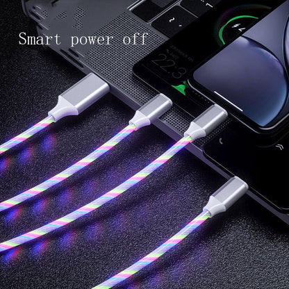 3-in-1 LED glowing charging cables connected to a laptop and smartphones with smart power off feature