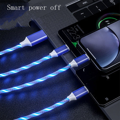3-in-1 LED glowing charging cables plugged into laptop and smartphones with smart power off feature