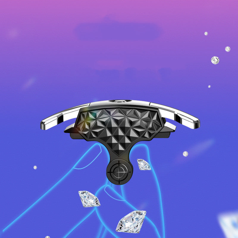 Black ABS cooling fan with cool geometric design held by blue neon hand on purple background