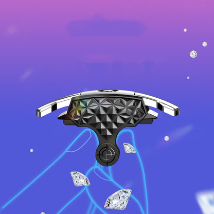 Black ABS cooling fan with cool geometric design held by blue neon hand on purple background