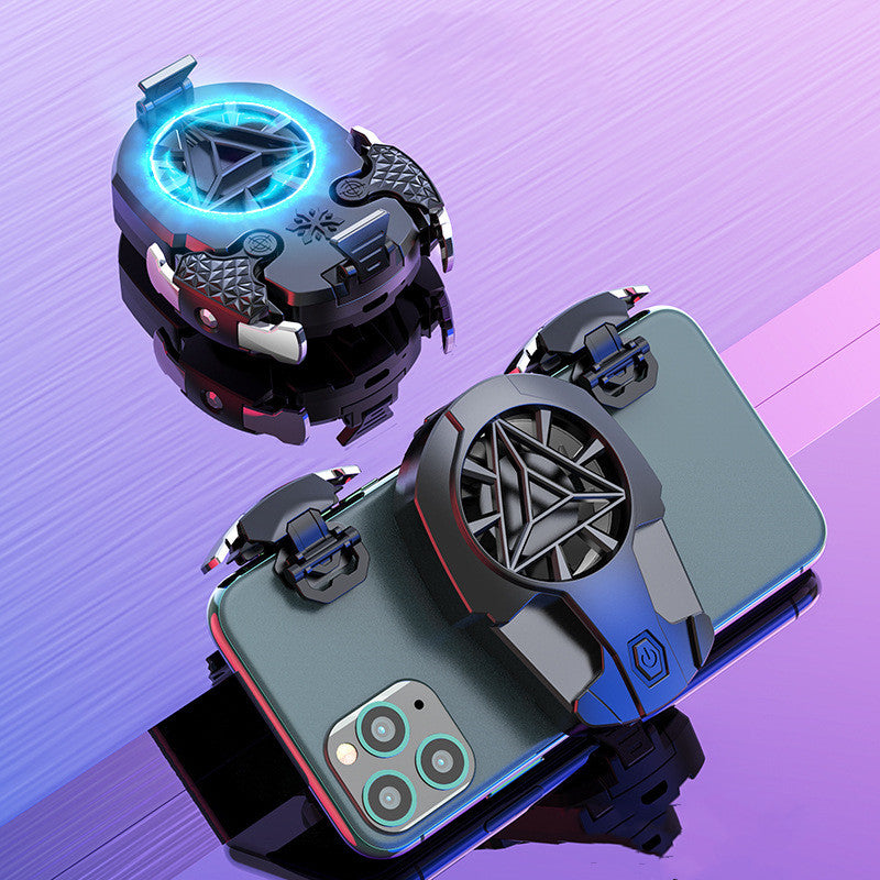 Black ABS cooling fan for mobile gaming attached to smartphone with dual trigger buttons on purple background