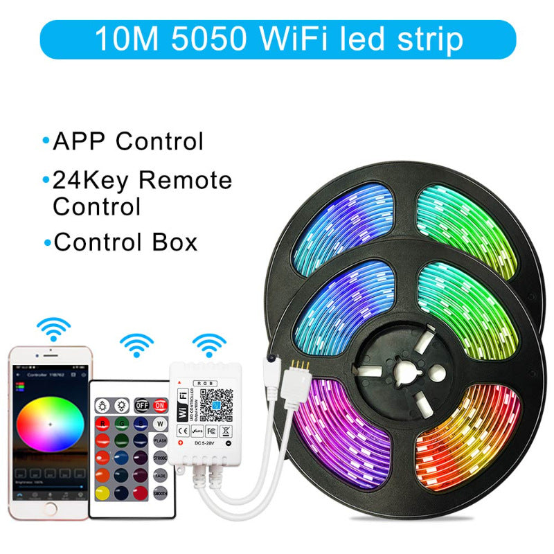 10M 5050 WiFi RGB LED light strip with app control, 24-key remote, and control box