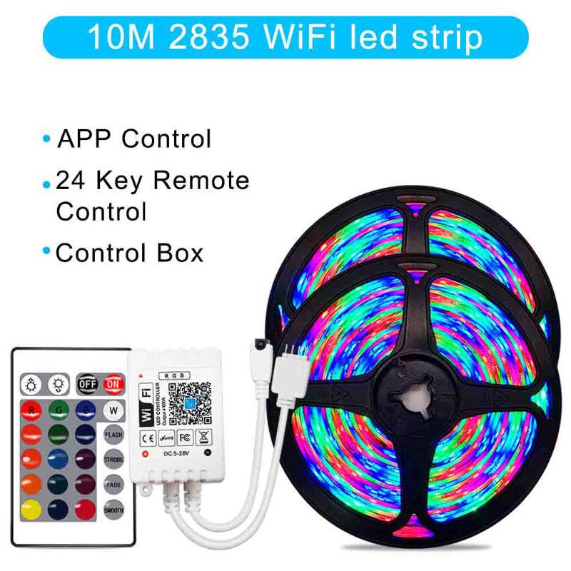 10M 2835 WiFi RGB LED strip light with app and 24-key remote control, showing colorful lights on reels