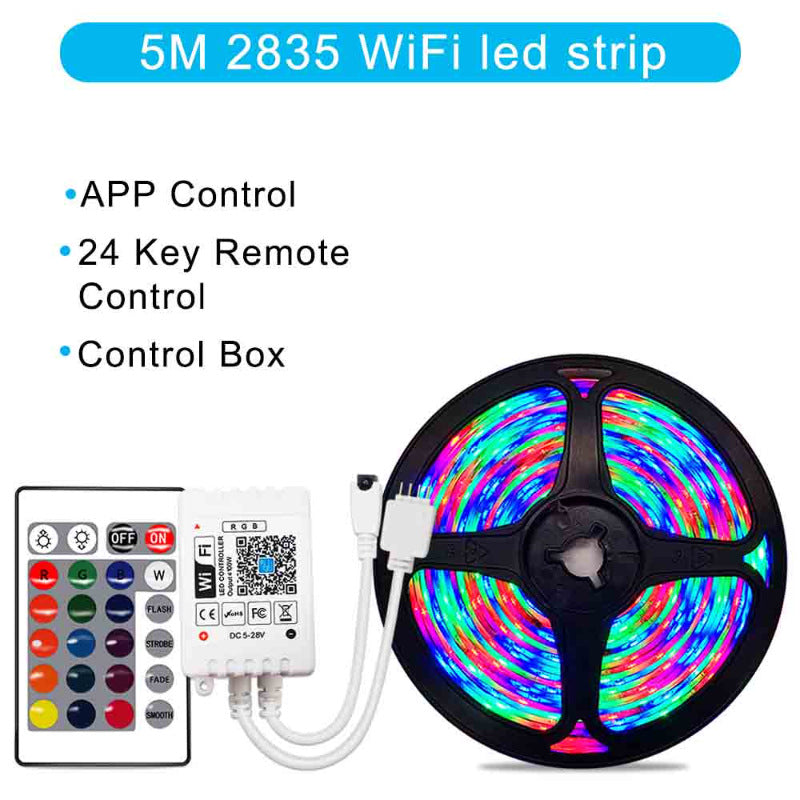 5 meter 2835 RGB WiFi LED strip with 24-key remote, app control, and control box