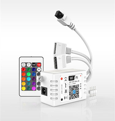 Trendoligy smart WiFi RGB LED light strip controller with remote and connectors on white background