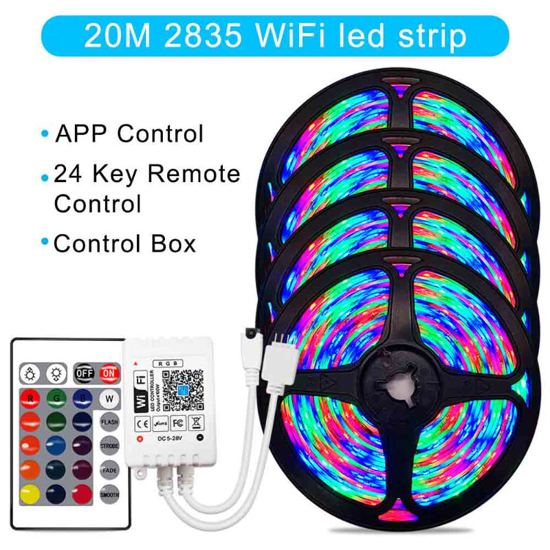 20M 2835 WiFi RGB LED strip lights with app and 24-key remote control and control box