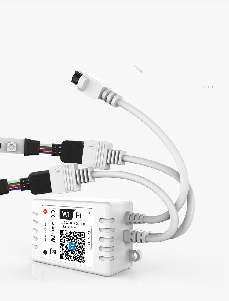 White WiFi LED controller with cables and RGB connectors for smart LED strip lighting