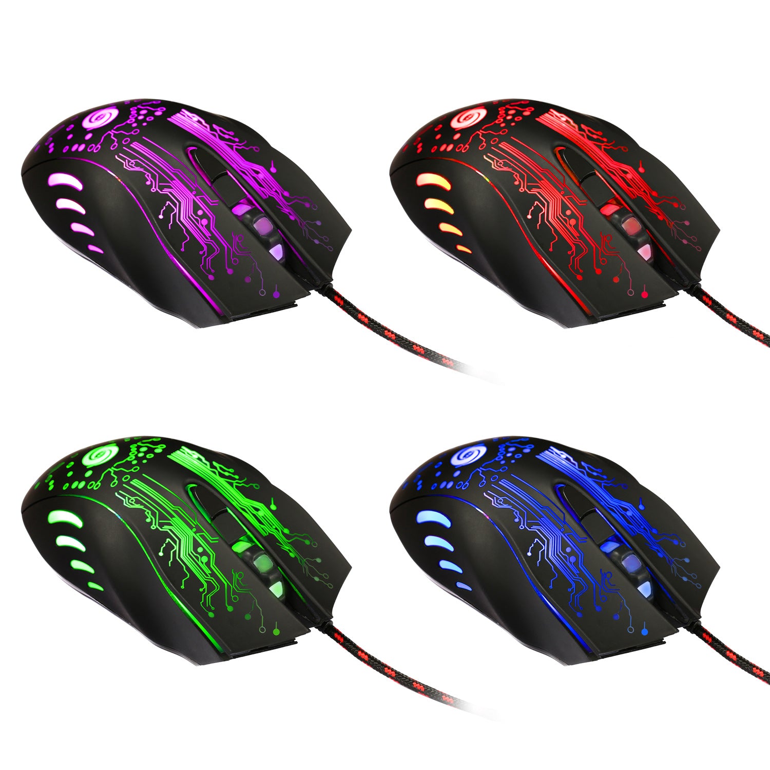 Ergonomic wired gaming mouse with 2400 DPI sensor and multicolor LED circuit pattern lighting
