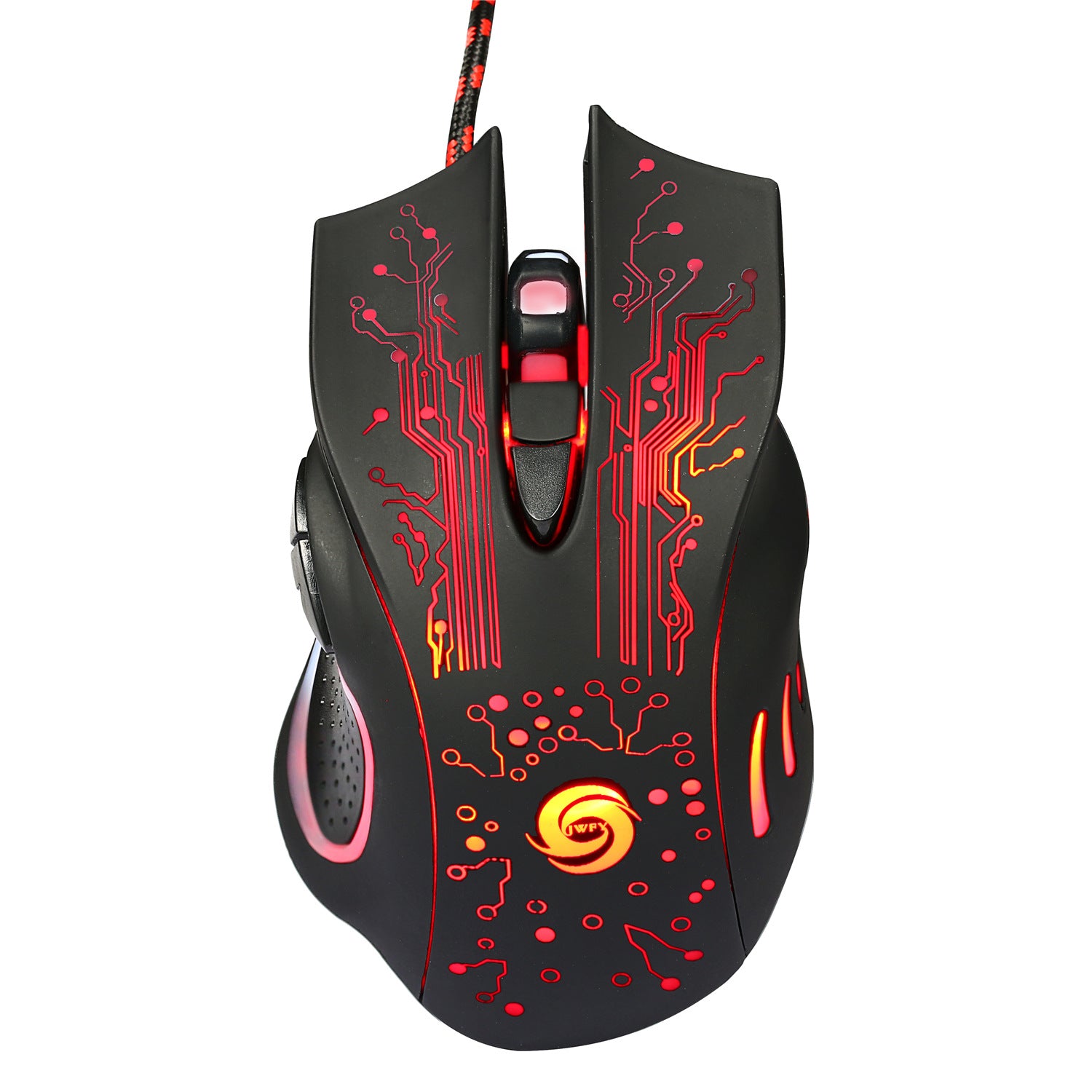 Black wired ergonomic gaming mouse with red LED circuit design and scroll wheel