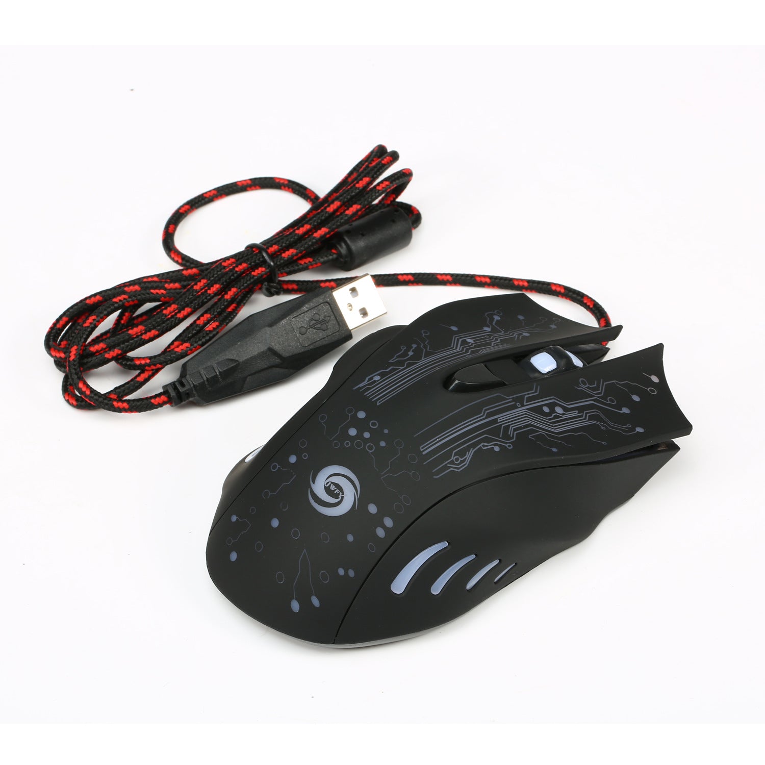 Black ergonomic wired gaming mouse with 2400 DPI, circuit pattern, USB cable with red accents