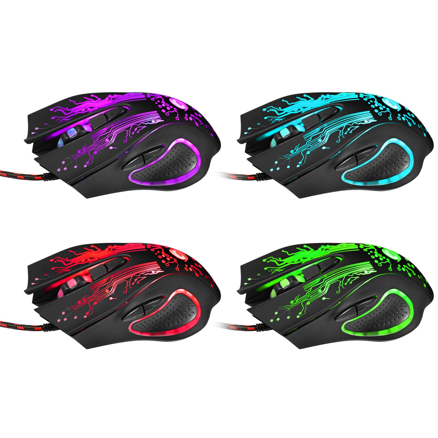 Four black ergonomic wired gaming mice with RGB circuit design lights in purple, blue, red, and green