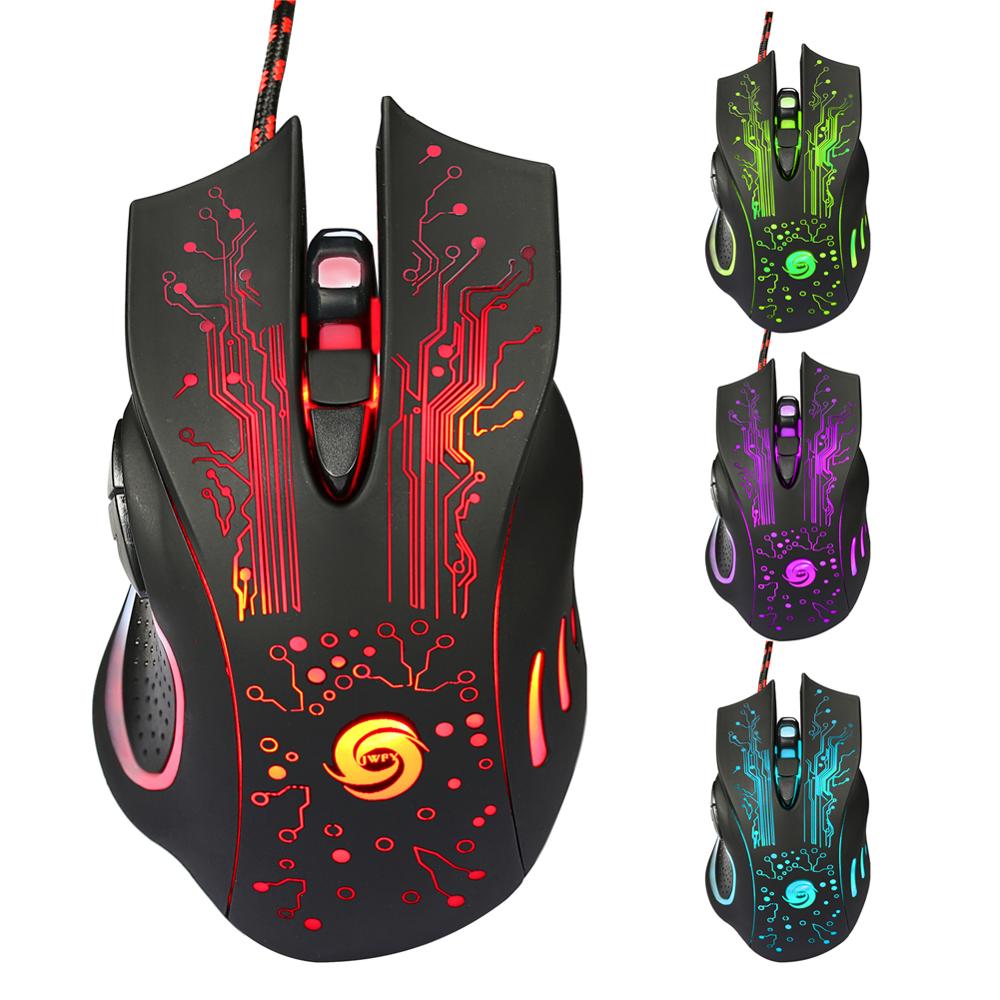 Ergonomic wired gaming mouse with 2400 DPI, black with circuit pattern lighting in red, green, purple, and blue