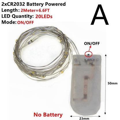 2-meter warm white copper wire LED string lights with 20 LEDs and battery pack, no batteries included