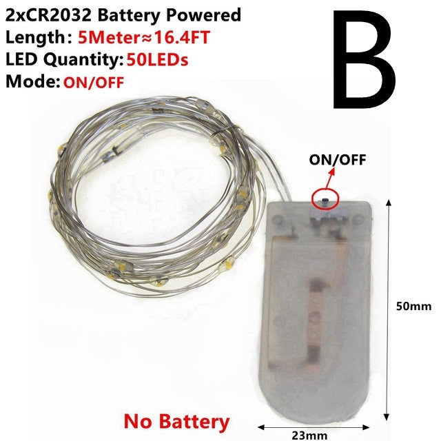 Battery-powered 5-meter copper wire string lights with 50 LEDs and on/off switch, no battery included