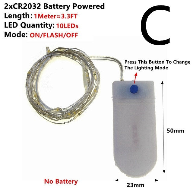 1-meter warm white copper wire fairy lights with 10 LEDs, battery-powered with mode switch button