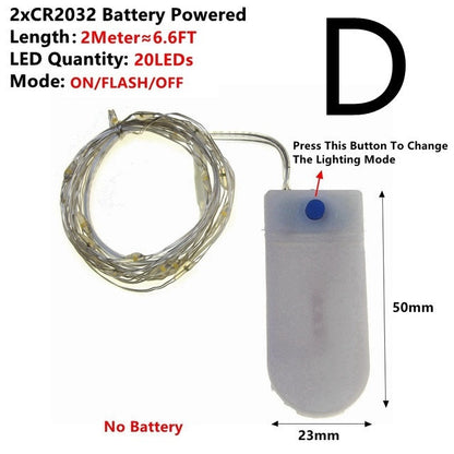 Warm white copper wire fairy lights with 20 LEDs, 2-meter battery-powered string lights with mode button