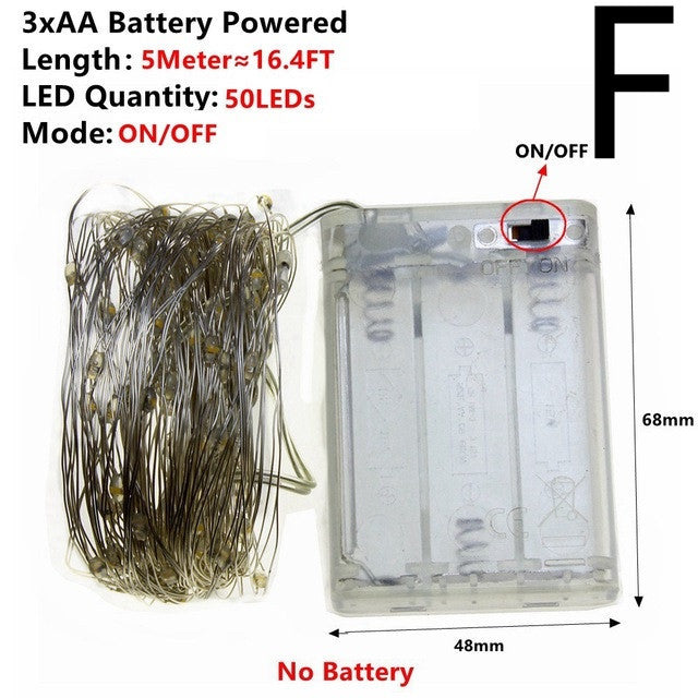 50 warm white LED copper wire fairy lights with 5m length and battery pack, on/off switch