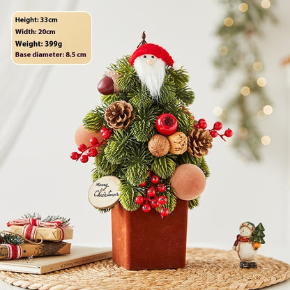 Festive Christmas tree decoration with Santa face, pine cones, red berries, and Merry Christmas tag in a brown pot