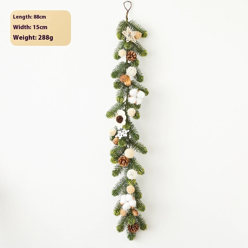88cm long Christmas garland with pine branches, cotton bolls, pine cones, and decorative stars