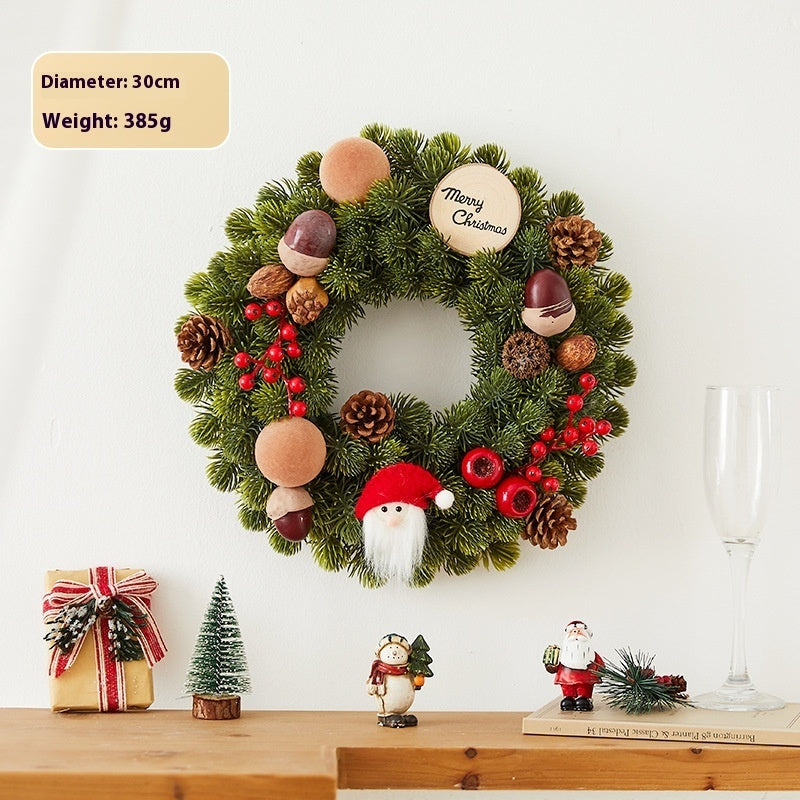 30cm Christmas wreath with pinecones, red berries, wooden Merry Christmas sign, Santa face ornament, festive home decor